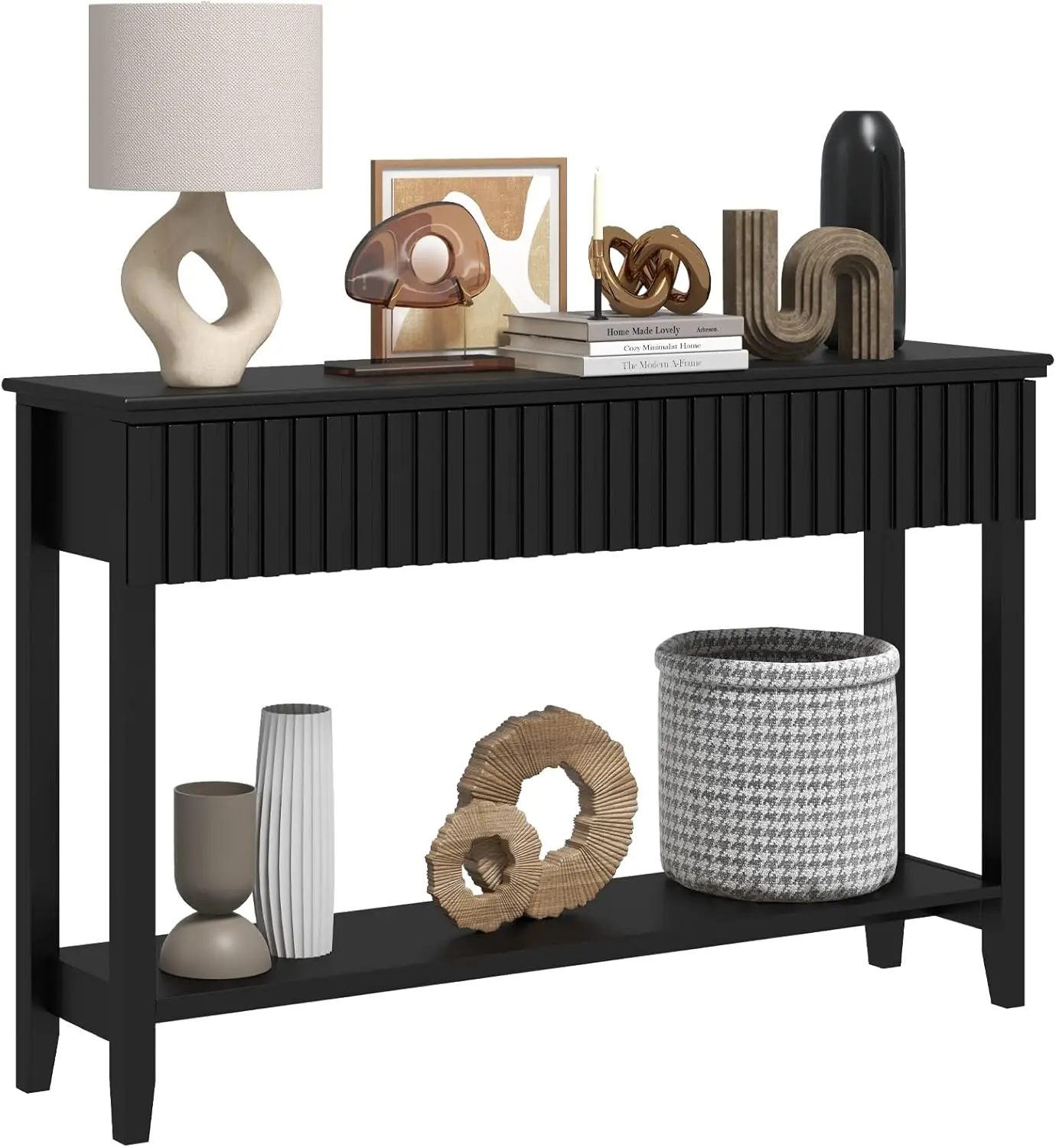 Lazzo Painted Wood Console Table Narrow Long Sofa Table Modern Behind Couch Table Fluted Entryway Table With 3 Drawers And Open