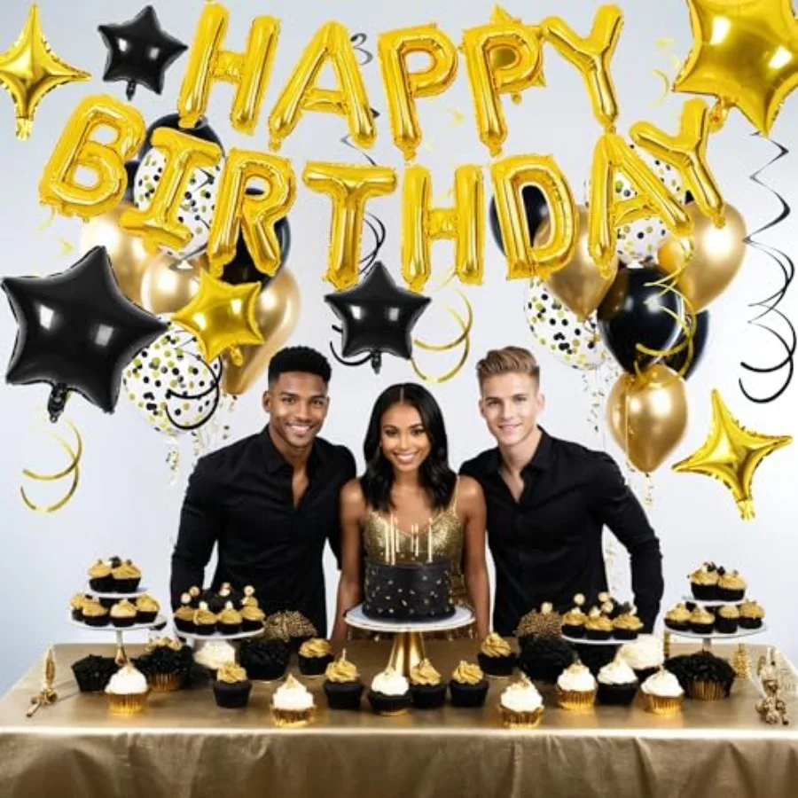 56 PCS Happy Birthday Balloons Happy Birthday Banner Gold and Black Balloons for Boys Men Girls Women Birthday Party Decorations
