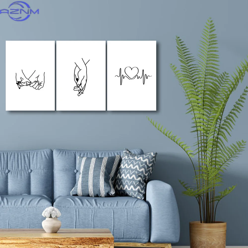 3pcs Minimalist Love & Connection Line Art Canvas Prints - Romantic Hand-Holding & Heartbeat Illustrations, Modern Black & White