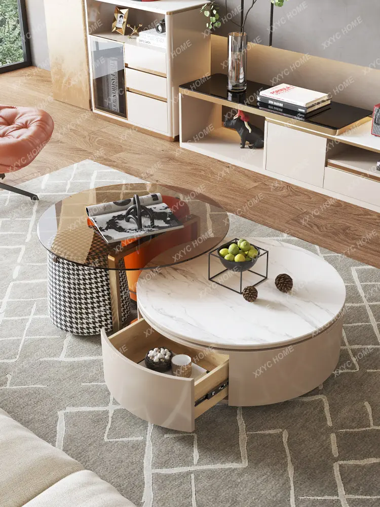 Nordic Light Luxury Stone Plate round Tea Table TV Cabinet Unit Modern Simple Home Coffee Table Desk Set Living Room Small