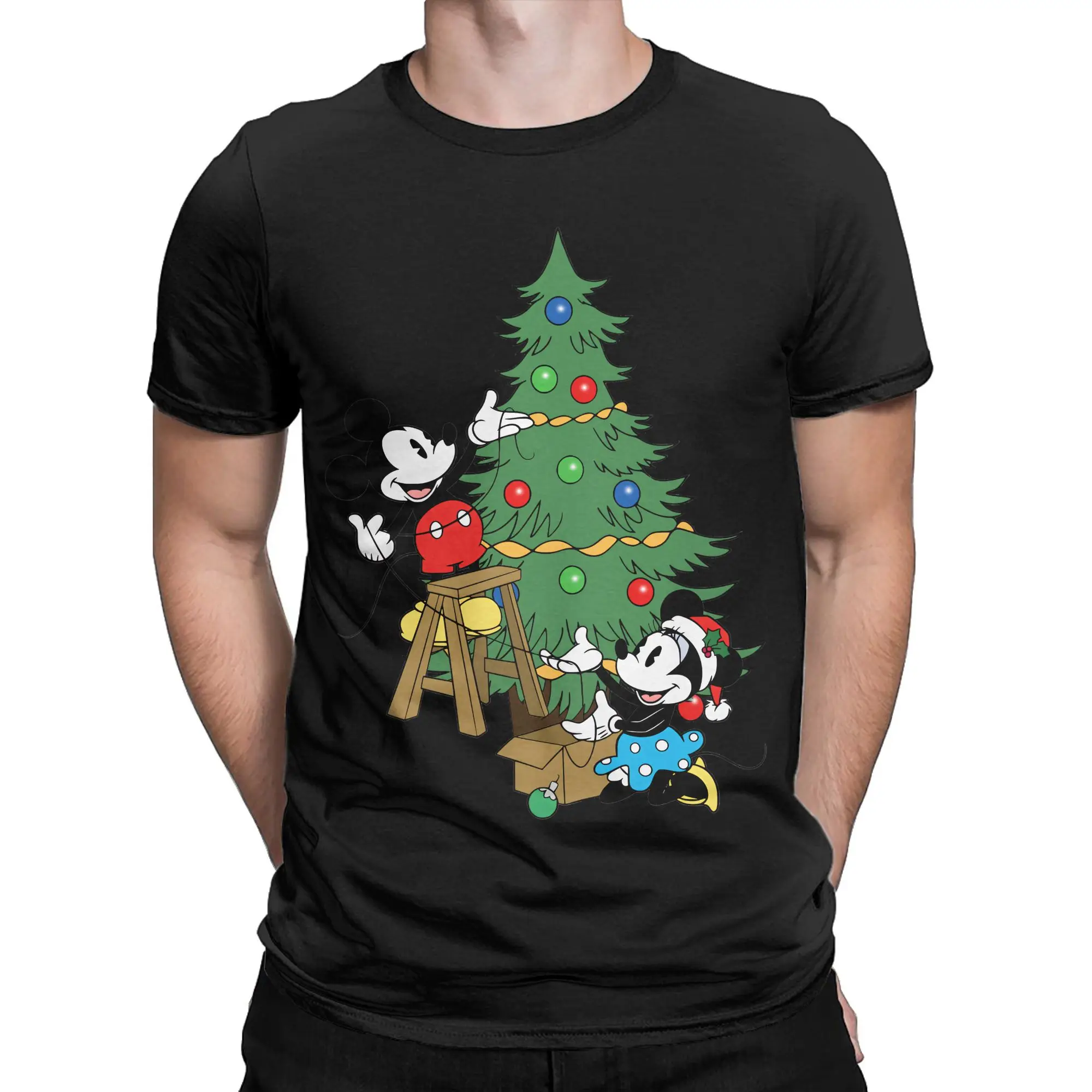 

Vintage Mickey Mouse and Minnie Christmas Tree T-Shirt for Men Crew Neck Pure Cotton T Shirt Short Sleeve Tees Printed Clothes