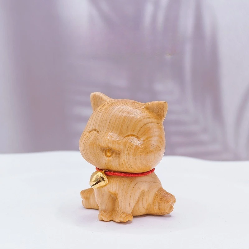 1 PC Cliff Thuja Carved Chinese Zodiac Dog Miniature With Bell Creative Cute Puppy Wooden Craft Desk Home Decoration Unique Gift
