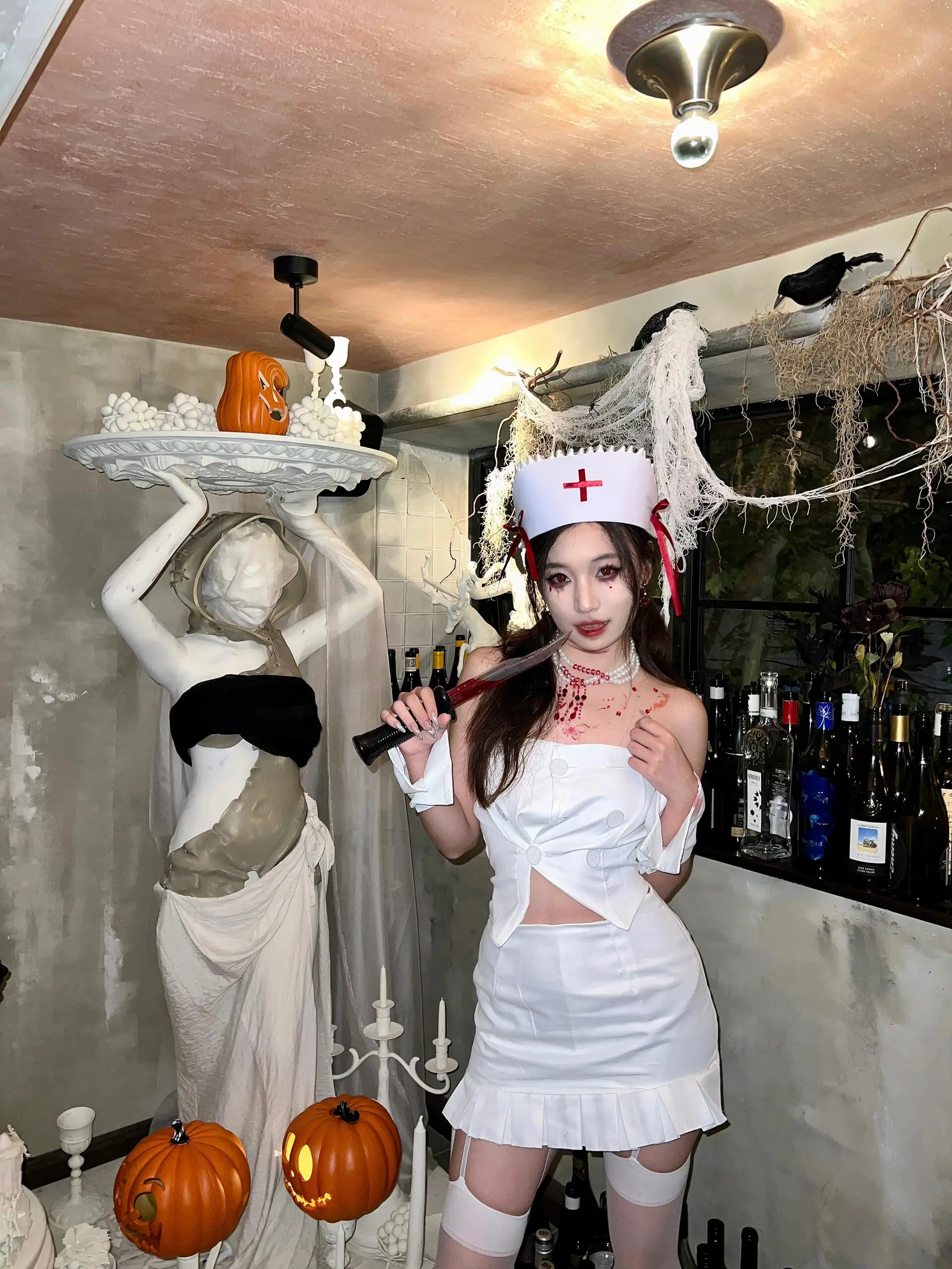 Wit konijn heet meisje top taille ontbloot ort rok Halloween kostuum bijpassende set Splice organza drukte zomeroutfit