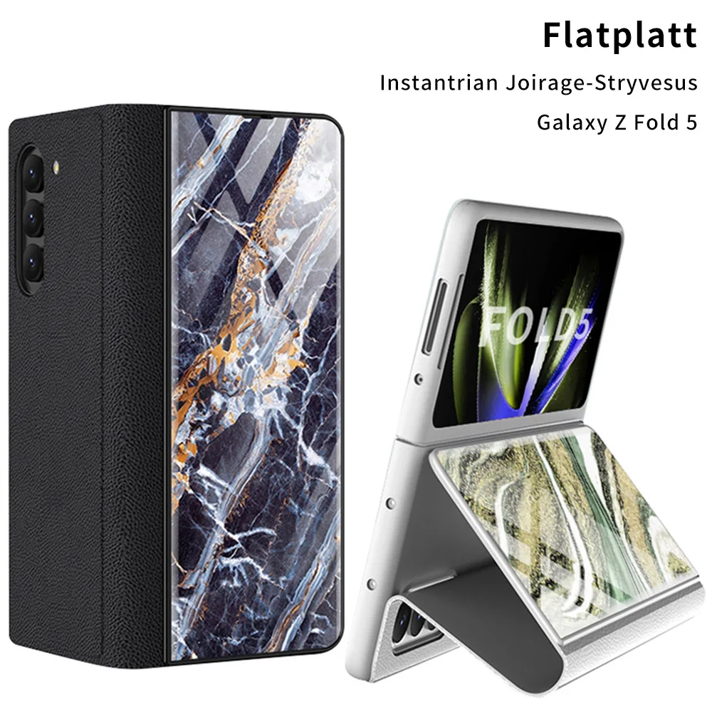 Ultra Thin Glass Flip Cover Plain Leather Case  For Samsung Galaxy Zfold5 Built-in Card Slot Anti Drop Folding Marble Phone Case