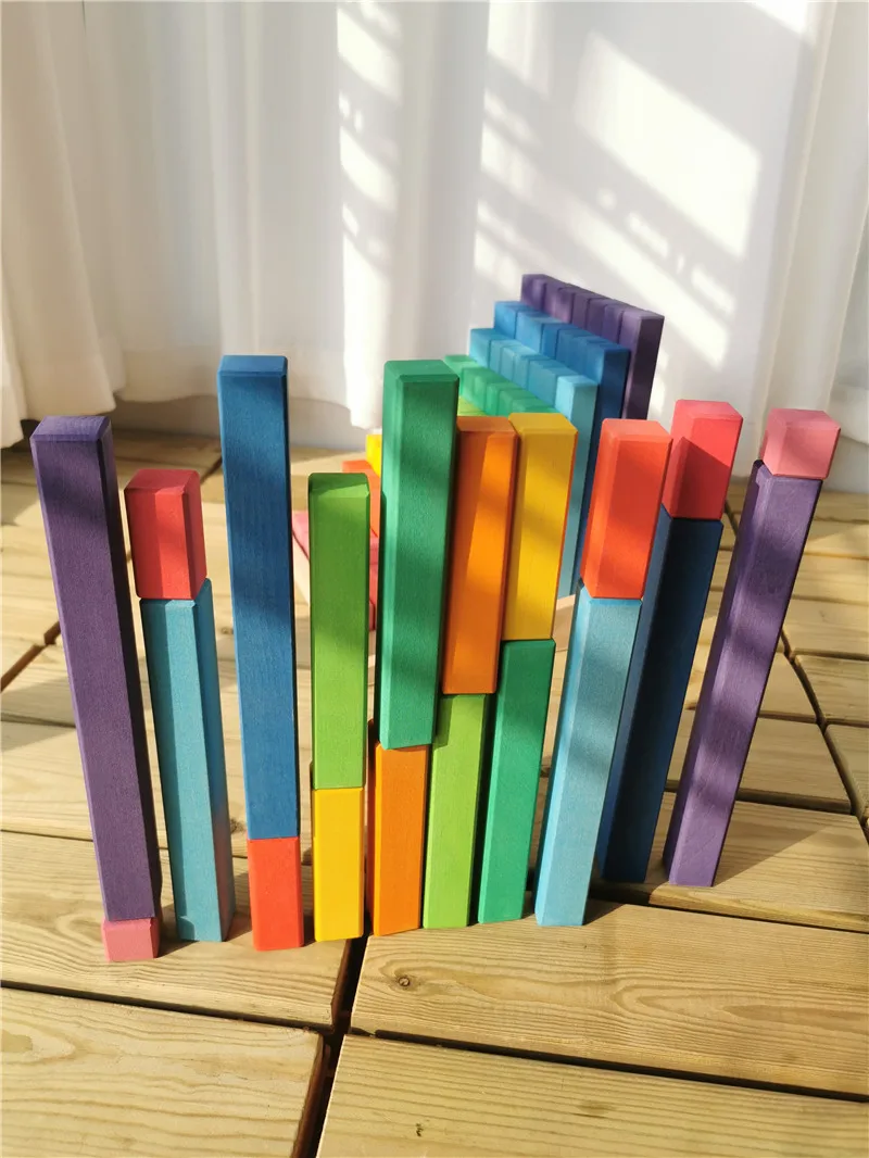 Large Wooden Building Blocks Set Rainbow Stacking Counting Timber Square Construction Tube Toys for Kids Educational Play