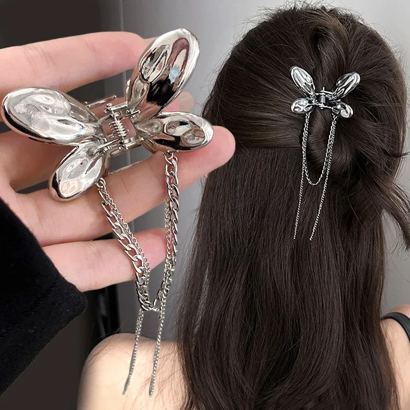 Y2K Metal Chain Butterfly Hair Claw Barrettes Ladies Small SharkClip Horsetail Hairpin Hair Accessories for Women Headwear