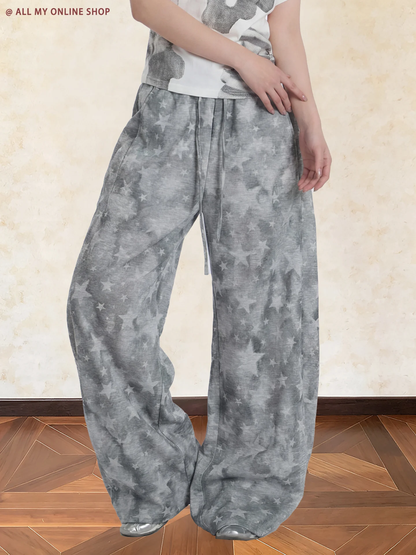 

Женские джинсы с высокой талией и широкими штанинами, свободные, с принтом звезд, на эластичном поясе, стройнящие, длинные, модные, в уличном стиле, удобные