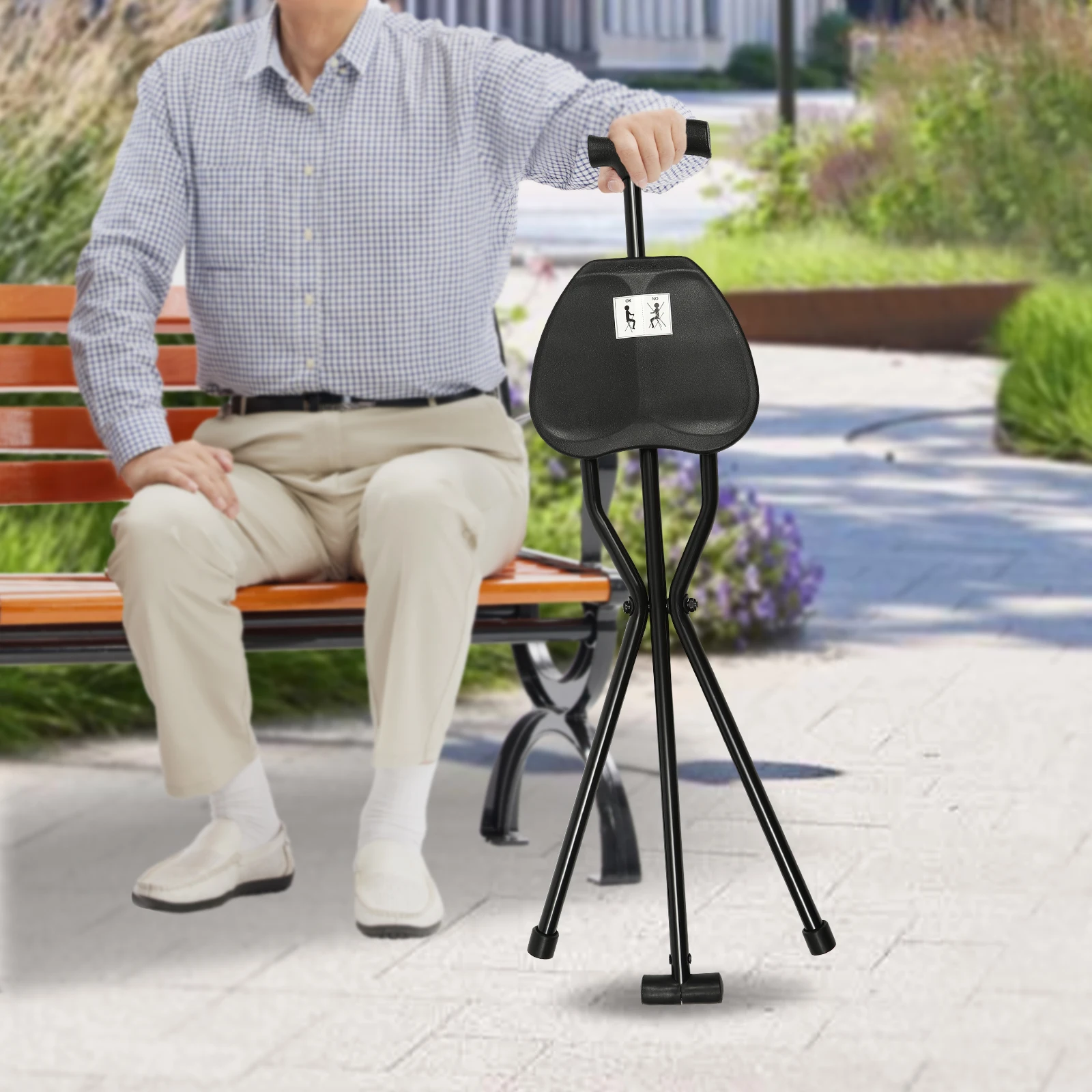 Portable Travel Hiking Chair Stool Tripod Folding Walking Stick with Seat Cane