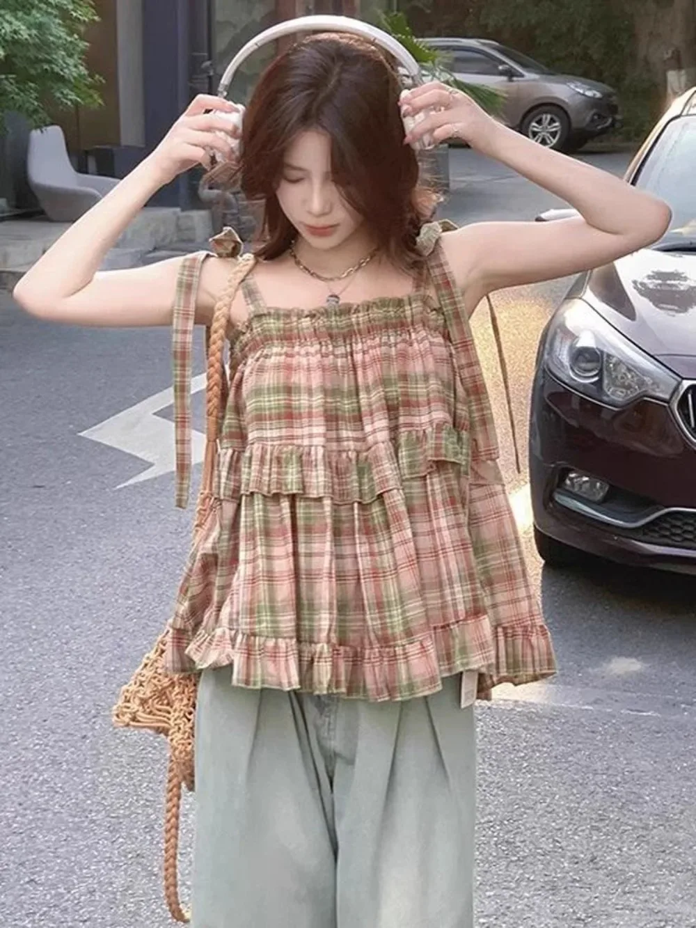 Vintage Green Plaid Bow Strap Tank Top Women Y2K Acubi Japanese Style Sleeveless Crop Top Summer Casual Streetwear Camis
