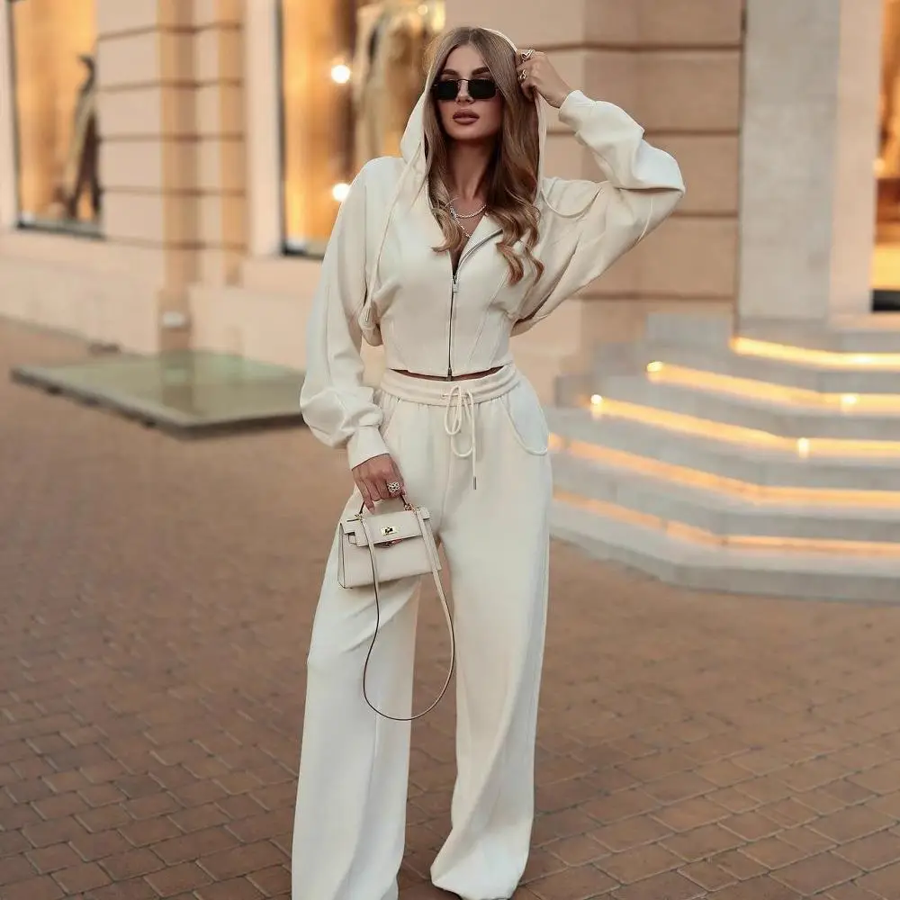 عارضة سستة مقنعين لون نقي قطعتين مجموعة الخصر مقصوص البلوز مربوط بنطلون الشارع Sle PVC النسيج منخفضة الخصر