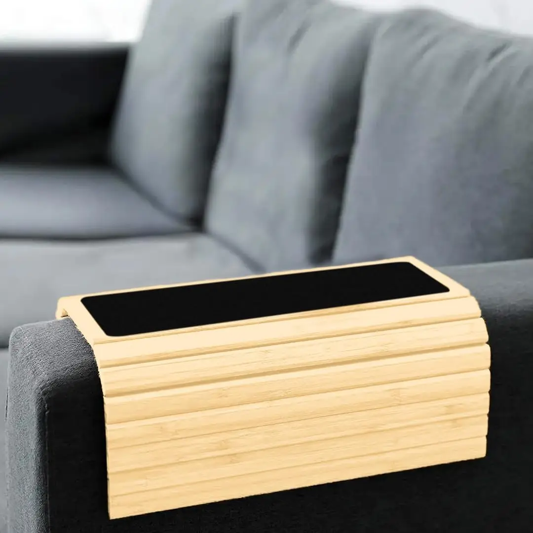 Foldable Bamboo Wood Sofa Arm Tray Table Drinks and Snacks Storage With Remote Control or Phone Holder for Couch Armrest