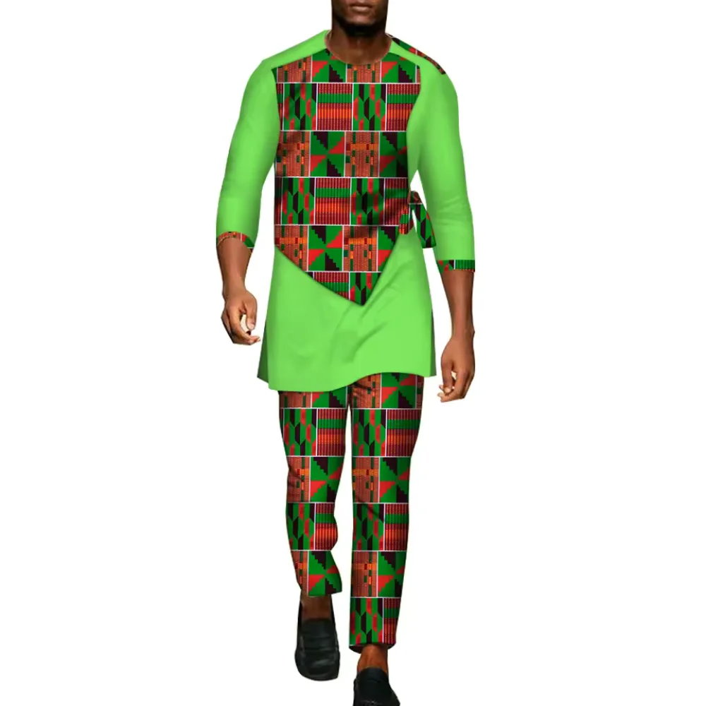Men Cotton African Ankara 2-Piece Dashiki Formal Party Matching Suit Long Sleeve Tunic Shirt Pants Eco-Friendly Anti-Wrinkle
