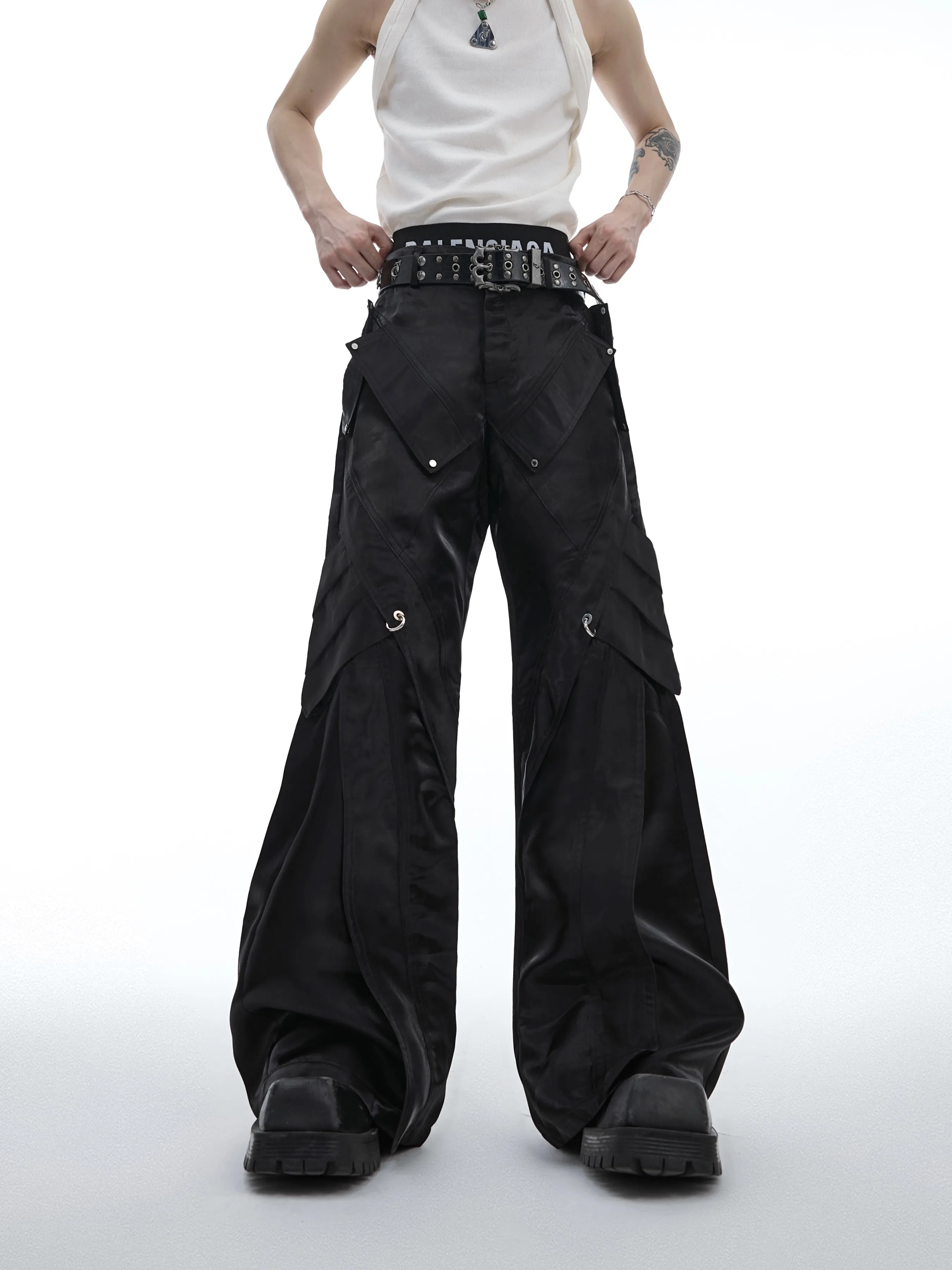

Argue Liquid Shiny Deconstructed Leather Pants with Metal Buckle Micro Flared Casual Trousers for Youth Punk Style Autumn Wear