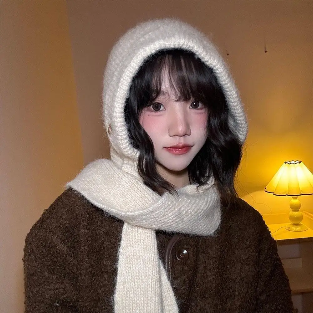 Korean Balaclava Women's Autumn Winter Warm Knitted Hooded Caps Scarf Integrated Hooded Scarf Knitted Hat Soft Warm Beanies Hats