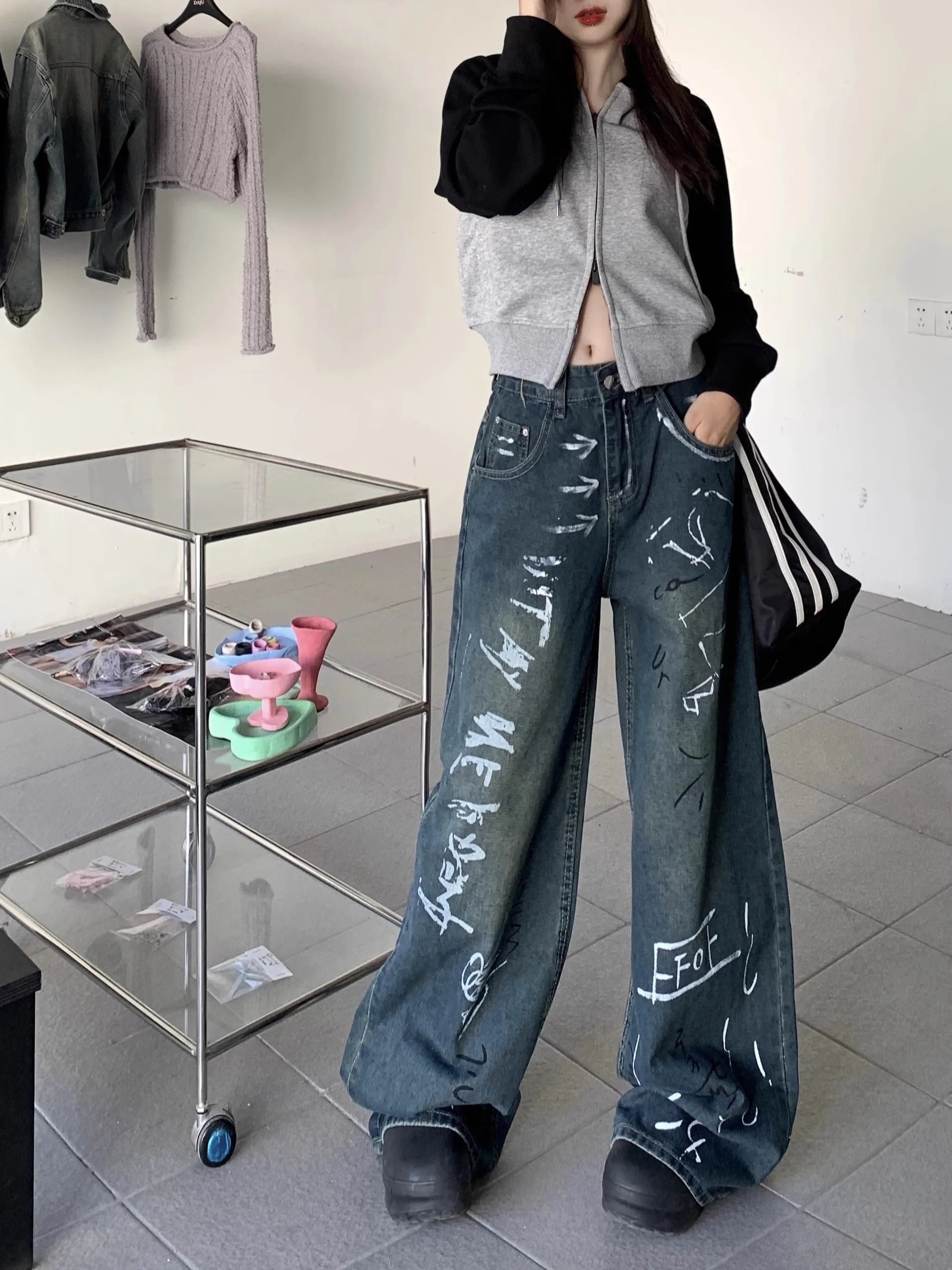 

Blue Women's Jeans High Waist Graffiti Straight Fashion Pants Streetwear Harajuku Y2K Vintage Female Wide Leg Denim Trouser