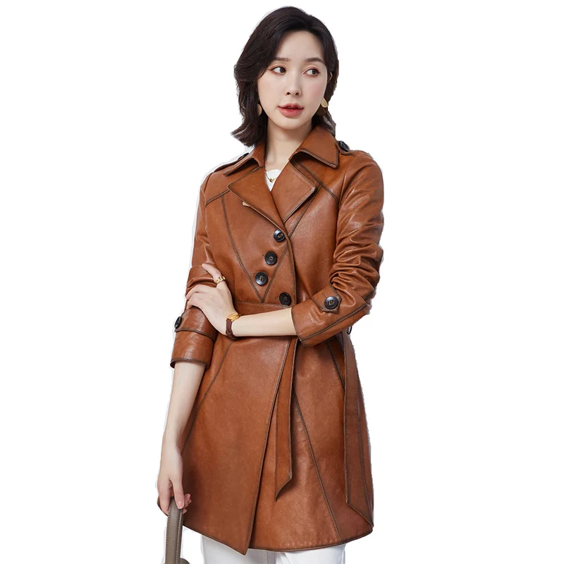 

2024 Women Real Leather Jackets Long Clothes Real Sheepskin Coat Female Autumn Leather Trench Coats Cool Windbreaker 100CM Long