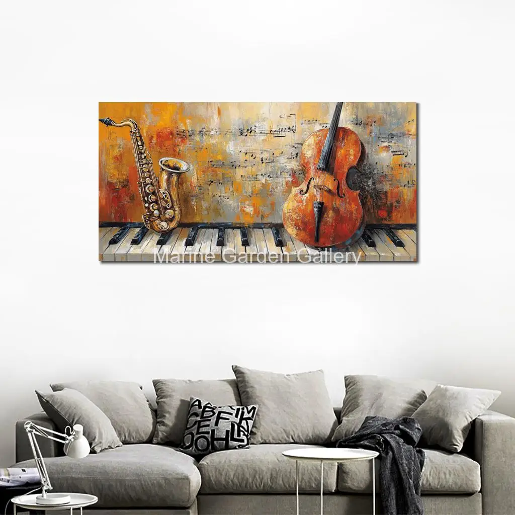 Abstract Musical Canvas Art Handmade Oil Painting Melody Rhythmic Modern Artwork for Music Room Bar Wall Decor Large Textured