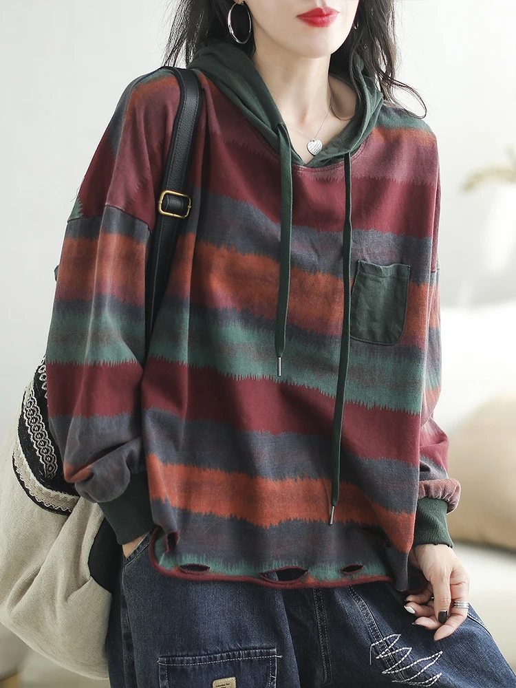 Max LuLu 2024 Fall Womens Fashion Striped Oversized Hooded T-shirts Ladies Casual Holes Design Cotton Tops Classic Loose Clothes