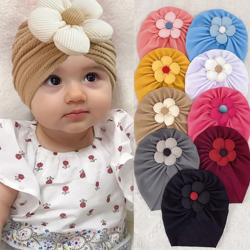 

Solid Turban Hat Headwrap Beanie with Big Flower Bonnet for Baby 0-2Year