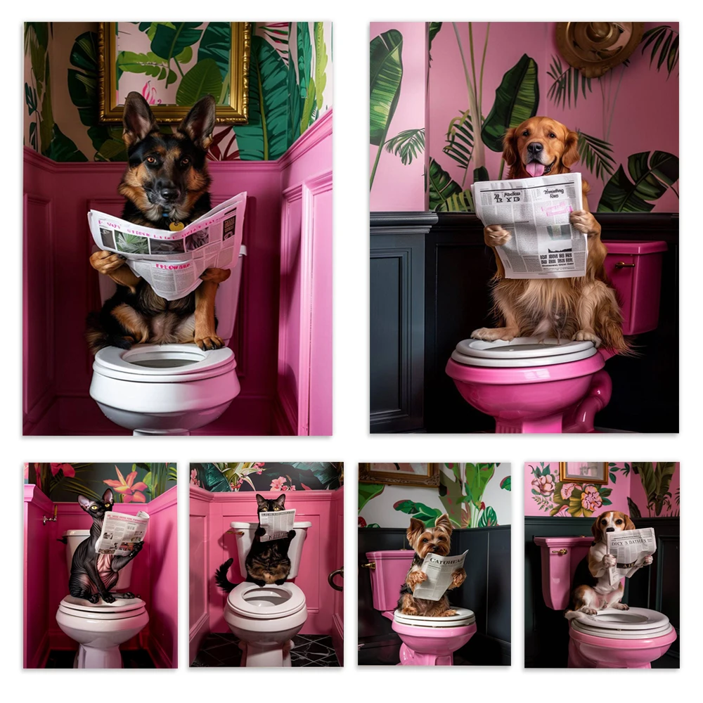 Cat on toilet, French bulldog, Yorkshire terrier, golden retriever, German shepherd, exotic plant dog reading, bathroom poster