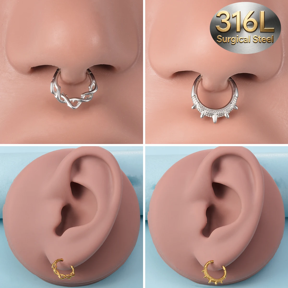 Фото 2 шт. винтажные кольца-клики из хирургической стали 316L с шарнирным механизмом, витые, с шипами, для пирсинга септума, хеликса, трагуса, дейтса, хряща