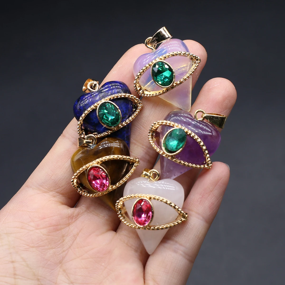 6PCS Fashion Heart Shaped Semi Precious Stone Inlaid Rhinestone Devil's Eye Pendant with Exquisite Jewelry DIY Accessories