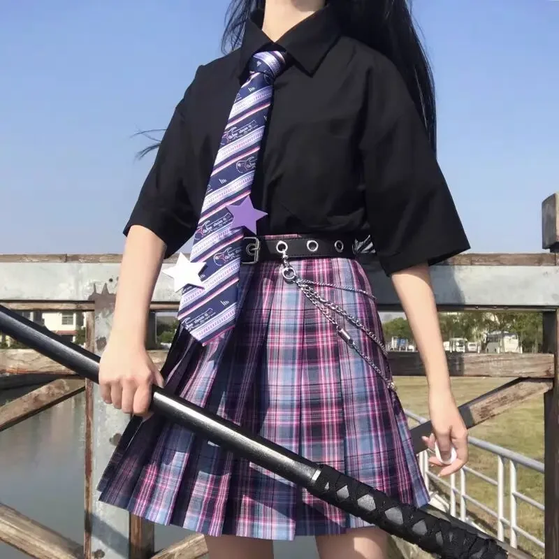 Romantico viola uniforme JK Set donna 2025 estate gonne a vita alta stile coreano gonne a pieghe camicia e cravatta per ragazze carine vestito