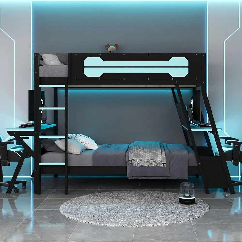 Twin Size Gaming Bunk Bed with 2 Desks, USB Ports, and Pegboard Storage for Kids and Adults (Blue, 12.5) view 4