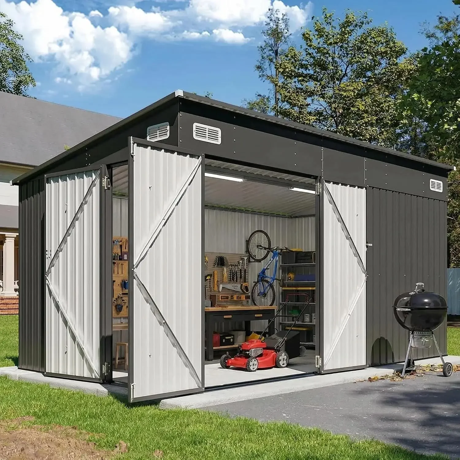 Storage Shed 8'x10' Metal Outdoor Sheds with Triple Doors Utility Sheds for Vertical Storage, Dual Lock Lean to Shed Galvanized
