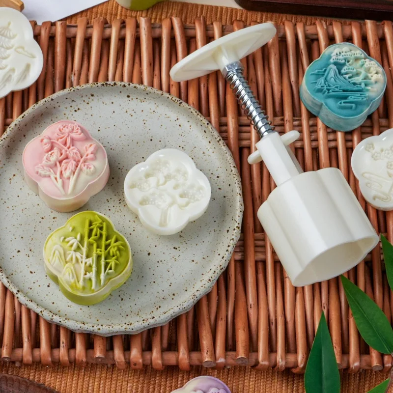 Meilan Bamboo Chrysanthemum Plum Mooncake Mold Hand Press Food Grade Pastry Tool for Green Bean Cake Baking