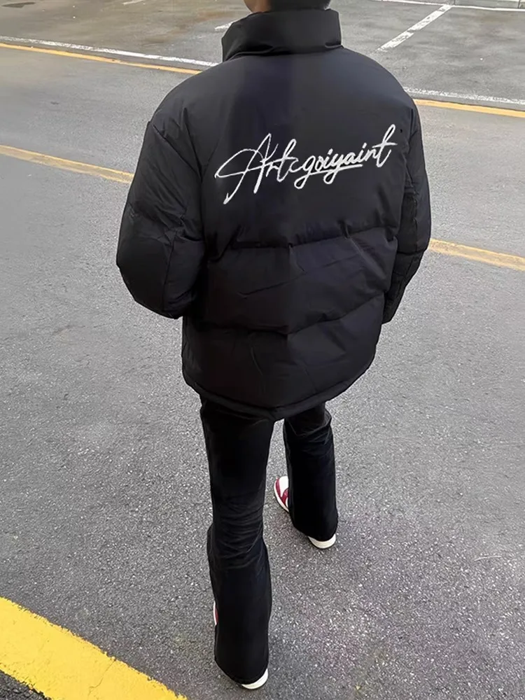 

American Sle Hooded Thiened down Cotton Jaet Men's Winter Loose Bread Sle High Street Cool Bla Cotton Coat