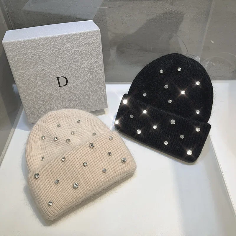 Luxury Rhinestone Beads Knitted Hat Korean Women Rabbit Fur Wool Skullies Cap Winter Fashion Thickened Warm Bonnet Beaanies