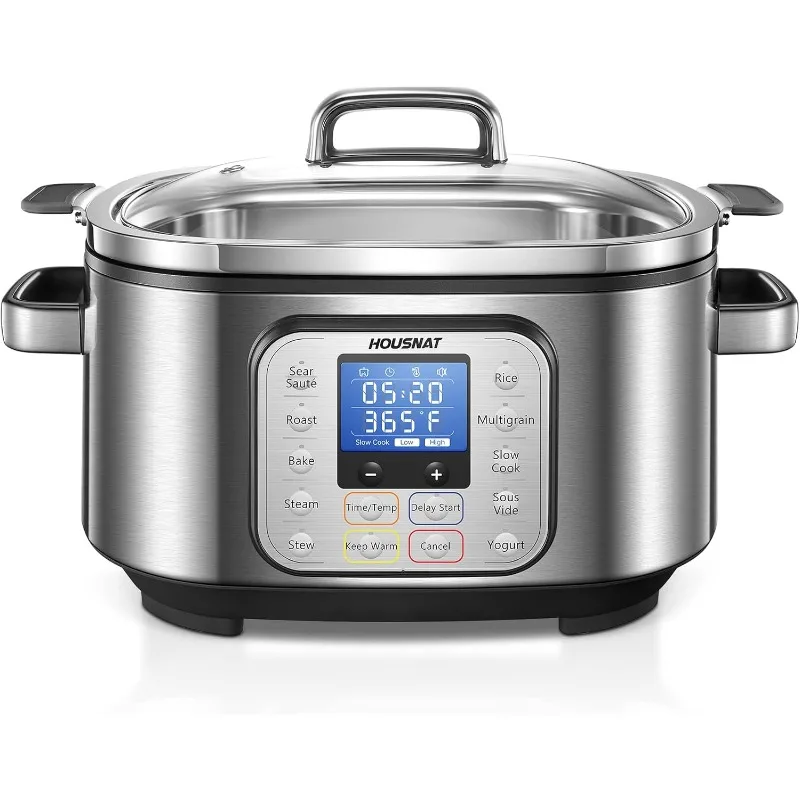 HOUSNAT Slow Cooker, 10 in 1 Programmable Cooker,6Qt Stainless Steel, Rice Cooker,Yogurt Maker,Delay Start, Adjustable Temp&Time