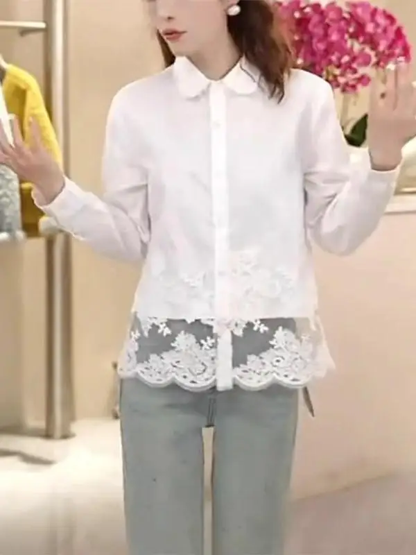 Kant Oversized Dames irt High-End Gesplitste Zoom Basis irt Vintage Woon-werk Sle Lang Sve Button-up Ademend Huidvrij...