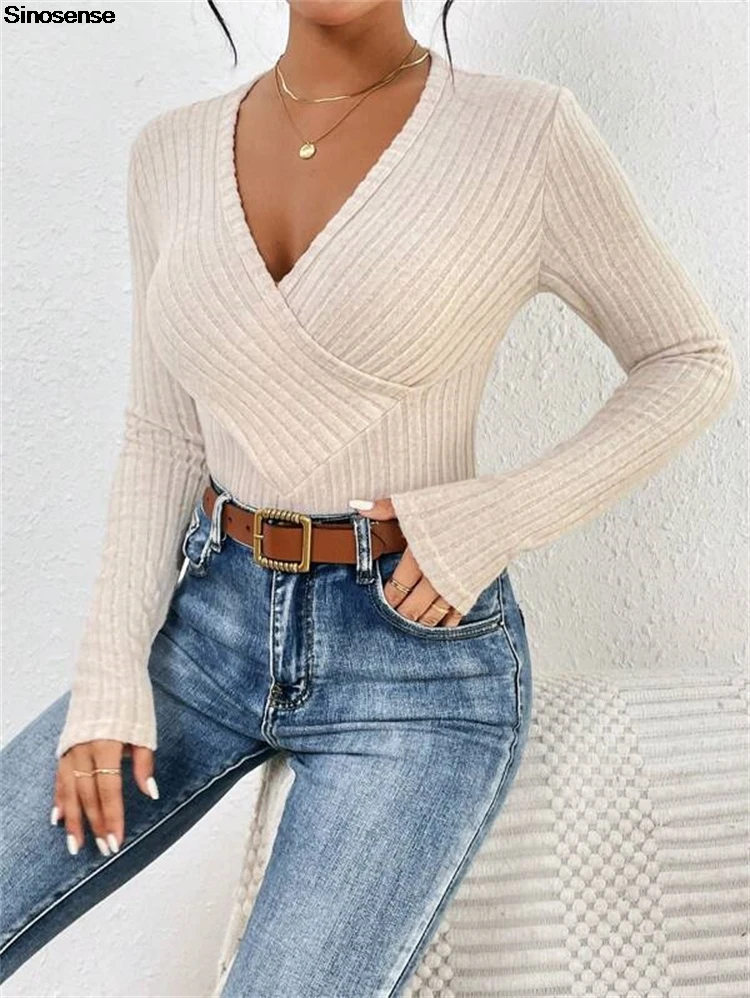 Women Wrap V Neck Long Sleeve Bodysuit Fall Fashion Ribbed Knit Bodysuits Y2K Going Out Tops Daily Wear Street Dating Leotards