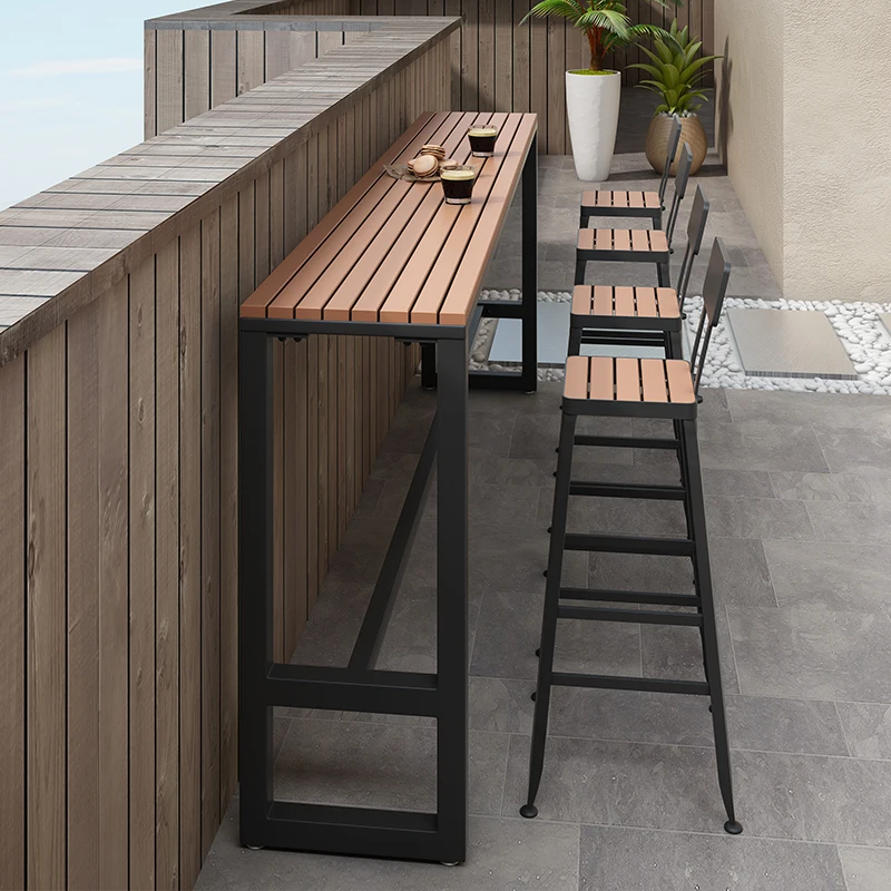 Outdoor high-footed narrow strip balcony terrace preservative wood high table outdoor courtyard bar table and chair combination