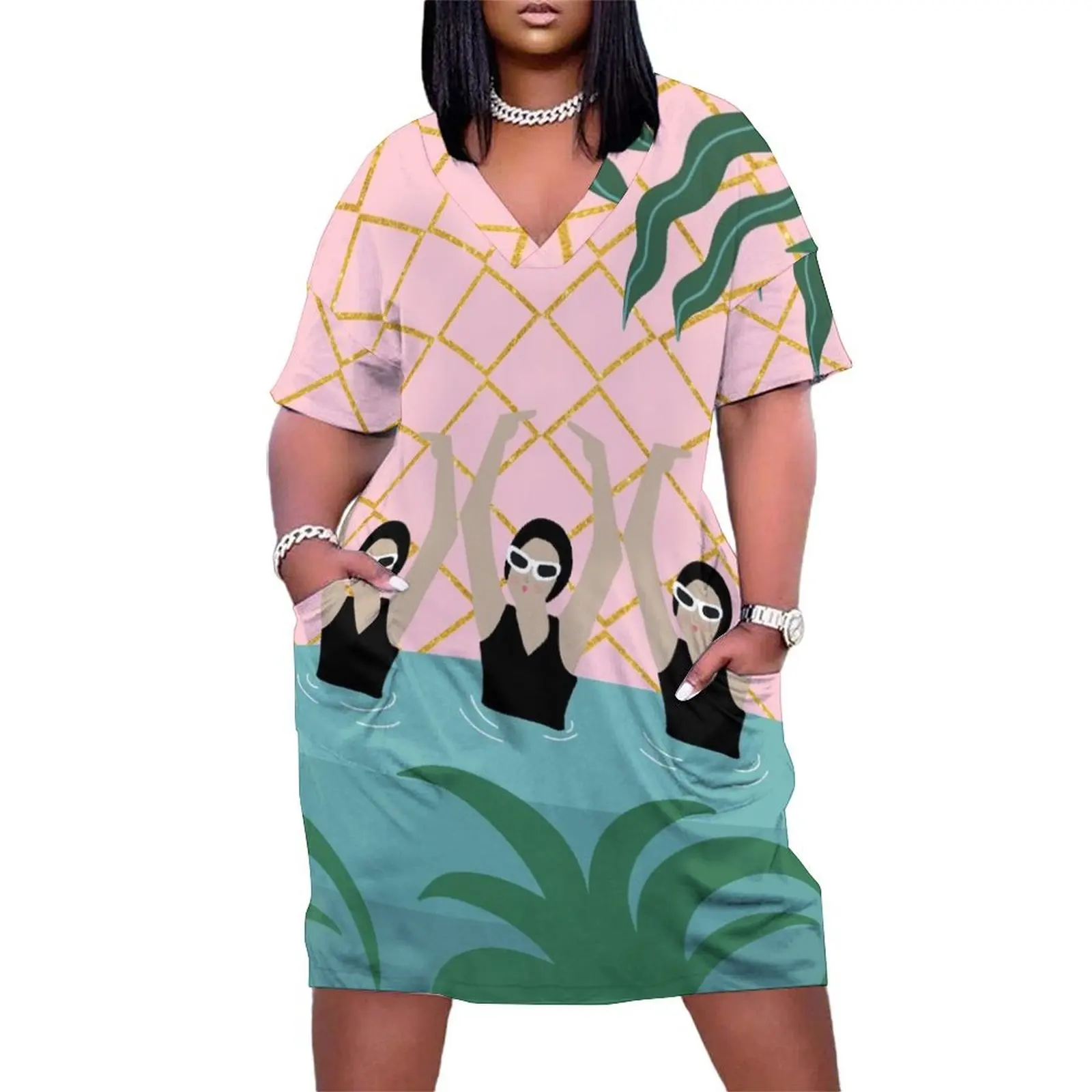 

Artistic Synchro Swimmers by Ocean And Stars Abstract Illustration Tropical Plant Pool Summer Loose Pocket Dress