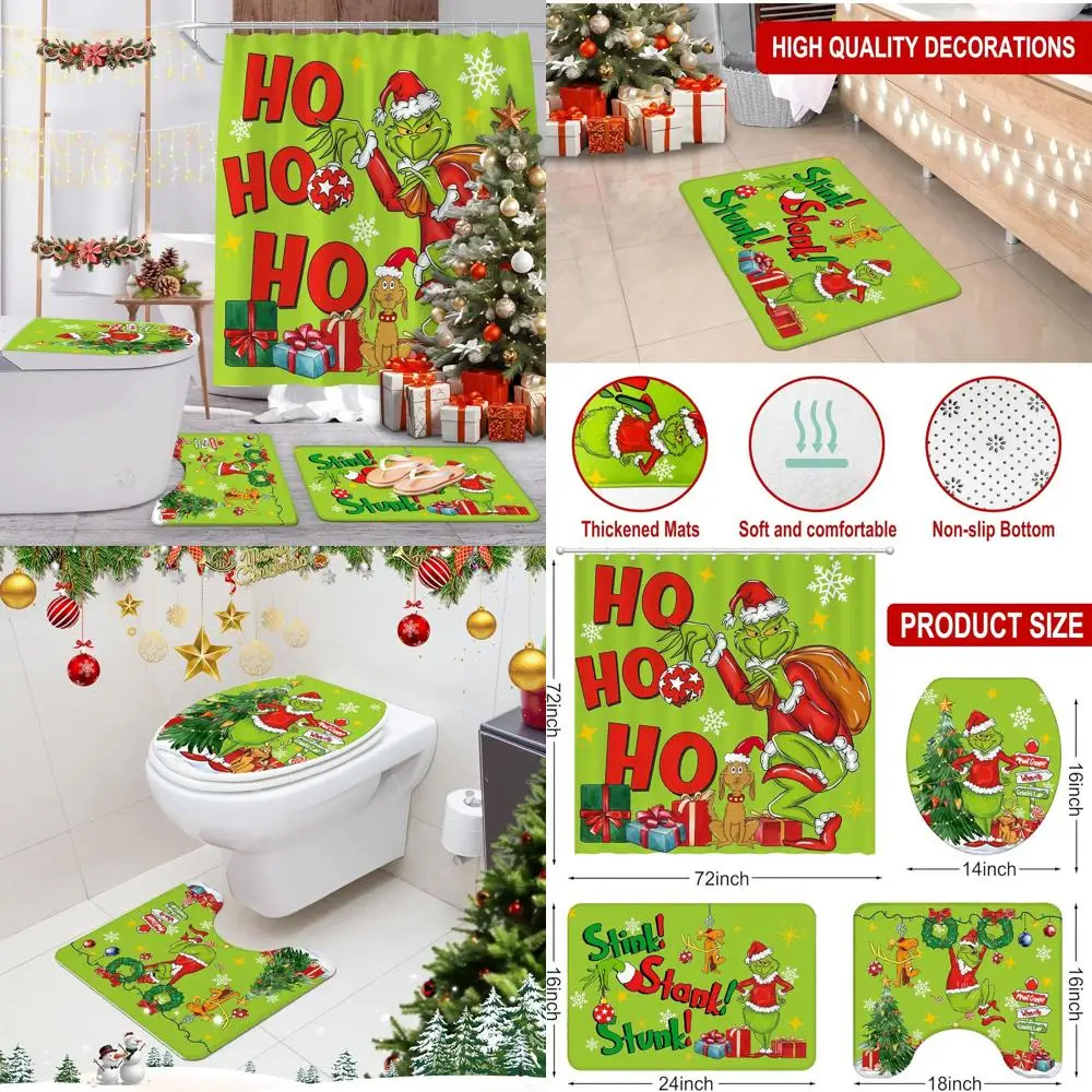 

Christmas Bathroom Set: 4-Piece Decor with Shower Curtain, Rug, Lid Cover, and Hooks, 72x72