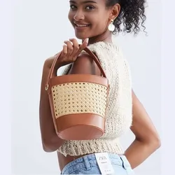 Fashion bucket bag, hollowed out woven women's handbag, PU leather shoulder crossbody bag, handbag, summer vacation beach bag