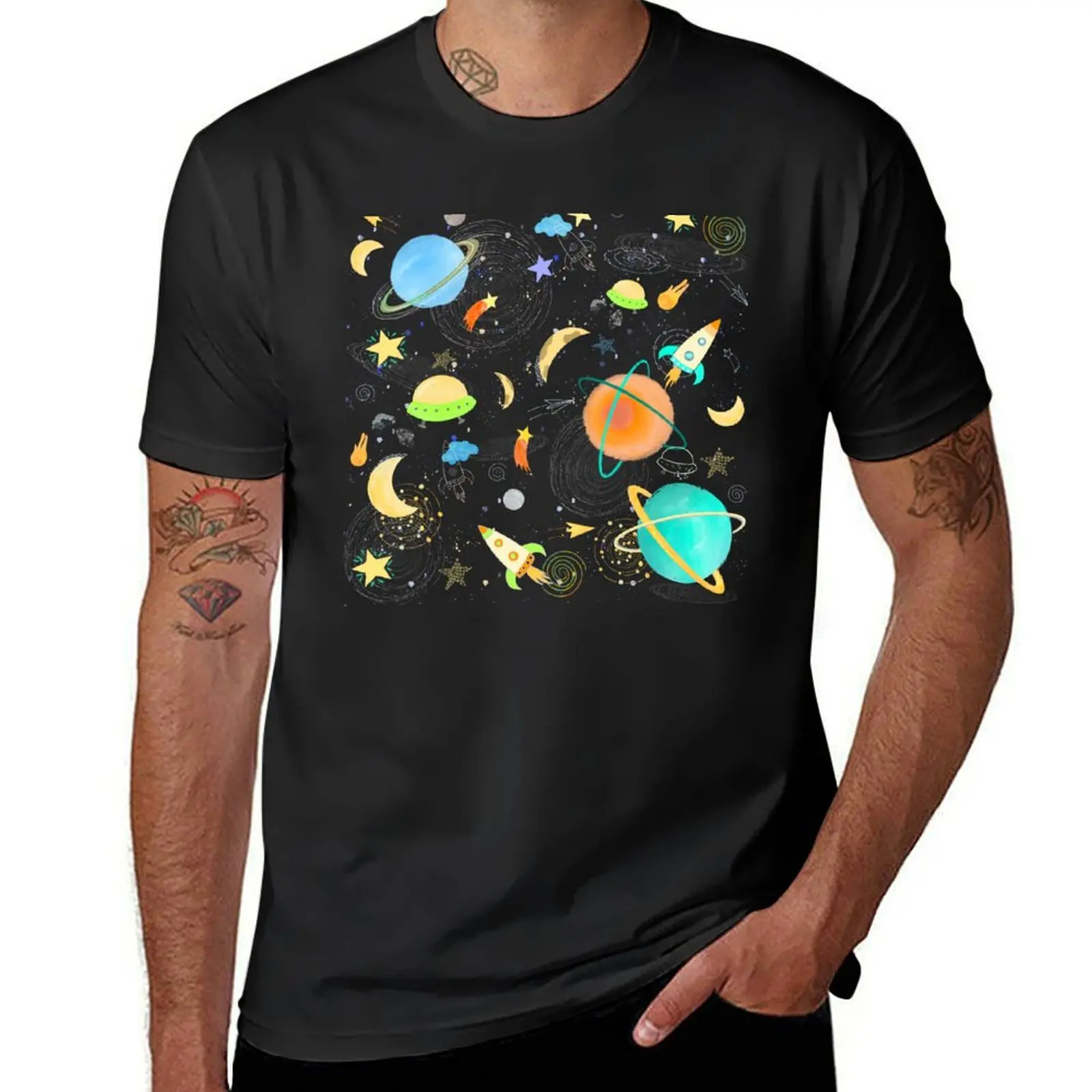 Flat Dark space seamless pattern background. Cute template with spaceship, rocket, moon T-Shirt tees plain black t shirts men