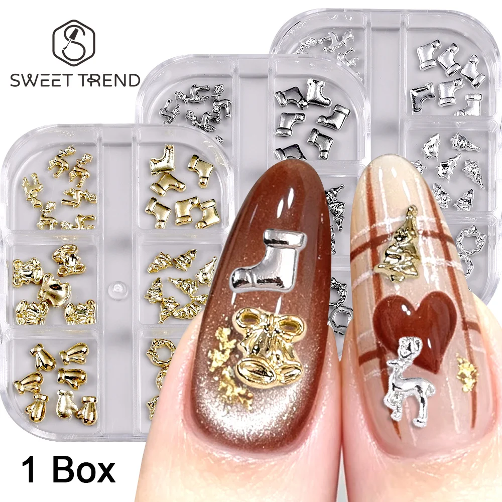 SWEET TREND-3D Christmas Nail Charms Silver & Gold Christmas tree/ Bells/ Gloves/ Socks/ Elk Christmas Gift Manicure Decoration