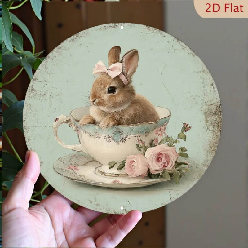 Vintage Bunny Teacup Metall-Blechschild, rustikale Wanddekoration für Küche, Café, Schlafzimmer, Zuhause, 20,3 x 30,5 cm