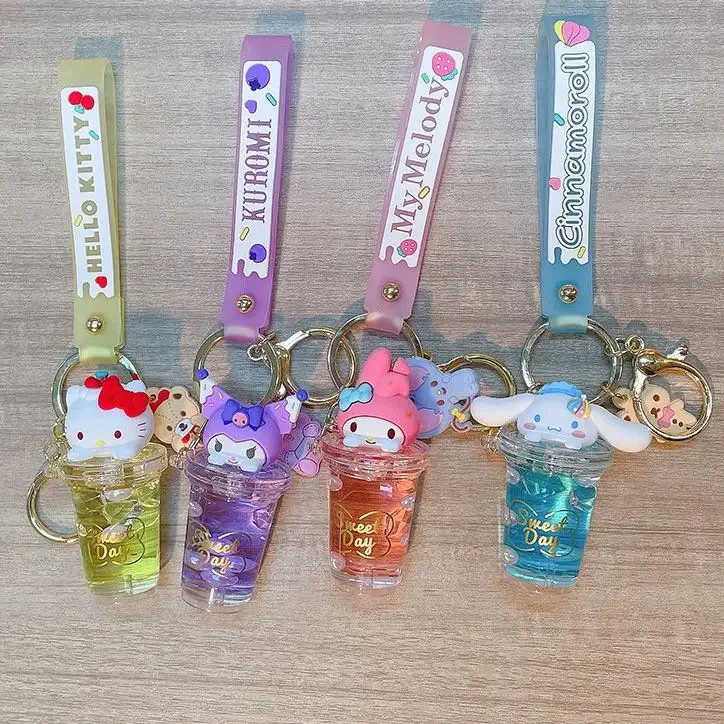 Sanrio Keychain Acrylic Floating Quicksand Handbag Pendant Key Chains for Women Cinnamoroll Plush Hello Kitty Toys