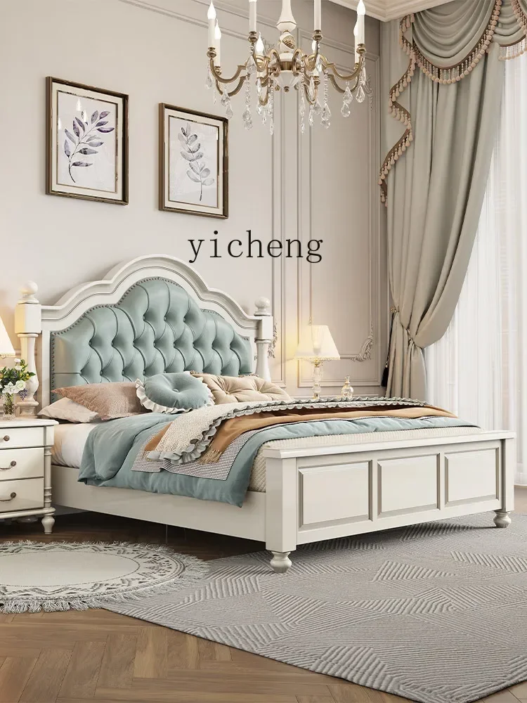 

solid wood bed solid wood double bed first layer cowhide cream white soft bag solid wood master bedroom