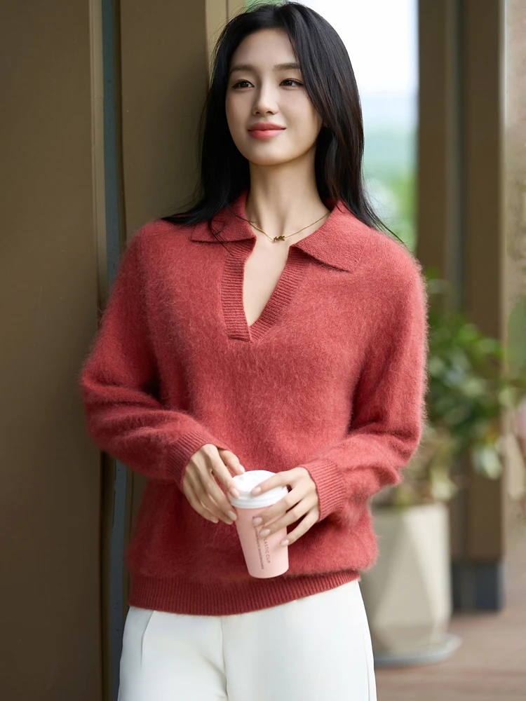 Women's Pullover Improved Craft 100% Merino Wool Knitted Sweater Turn-Down Collar Autumn Winter Warm Soft Chic Clothing Tops