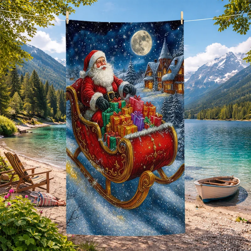 Santa Sleigh Gift Box Moonlit Mountain Scene Print Beach Towel Plush Feel for Festive Seashore Picnic or Poolside Lounging
