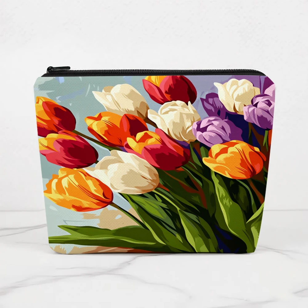 Colorful Tulips Floral Pattern Print Makeup Bags for Girls Cosmetic Pouch Toiletry Bag Pencil Case Travel Storage