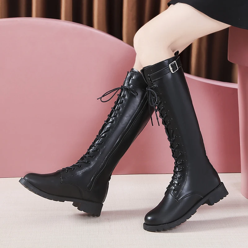 Plus Size Autumn Winter Knee High Boots Women Fashion Buckle High Tube PU Leather Boots Woman Zipper Low Heels Long Botas Mujer