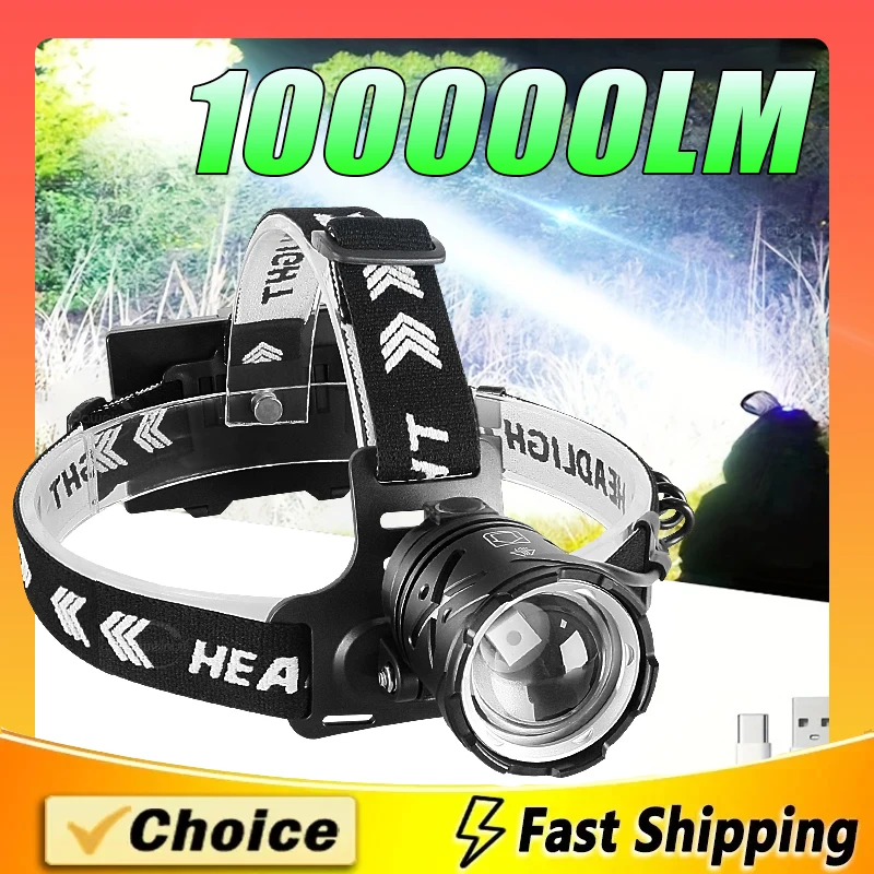 100000LM Most Powerful Headlamp 18650 Rechargeable Head Flashlight Professional Fishing Front Light High Power LED Head Lantern