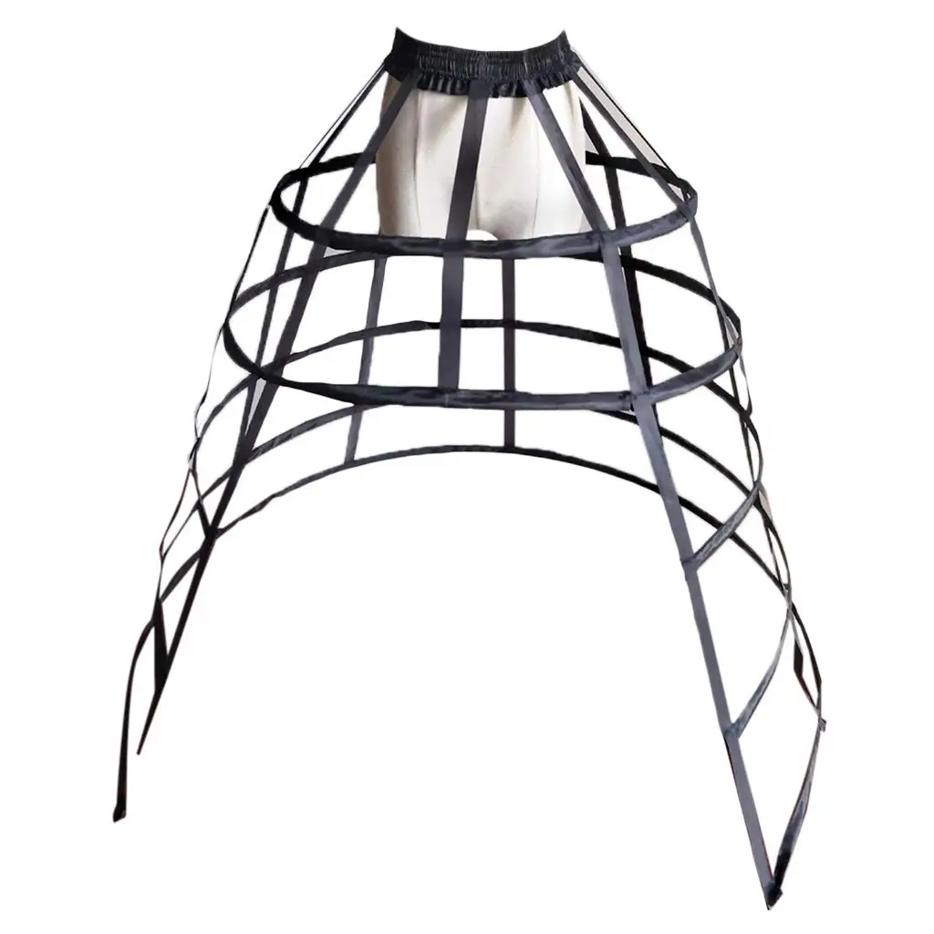 Women 5 Hoops Skirt Pannier Petticoat Hollow Bird Cage Cutout Crinoline Underskirt Ruffles Elastic Waist Lolita Bustle